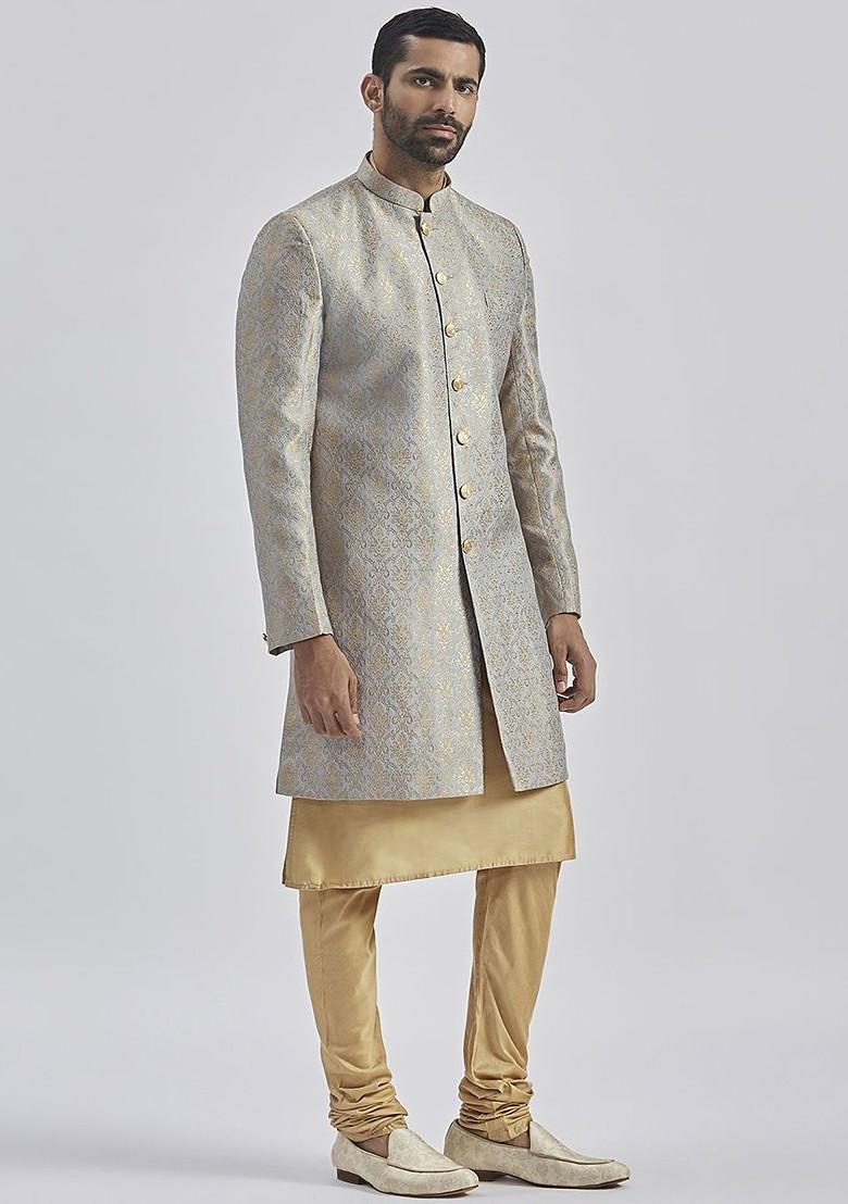 Grey Solid Poly Blend Indowestern Sherwani Set For Men