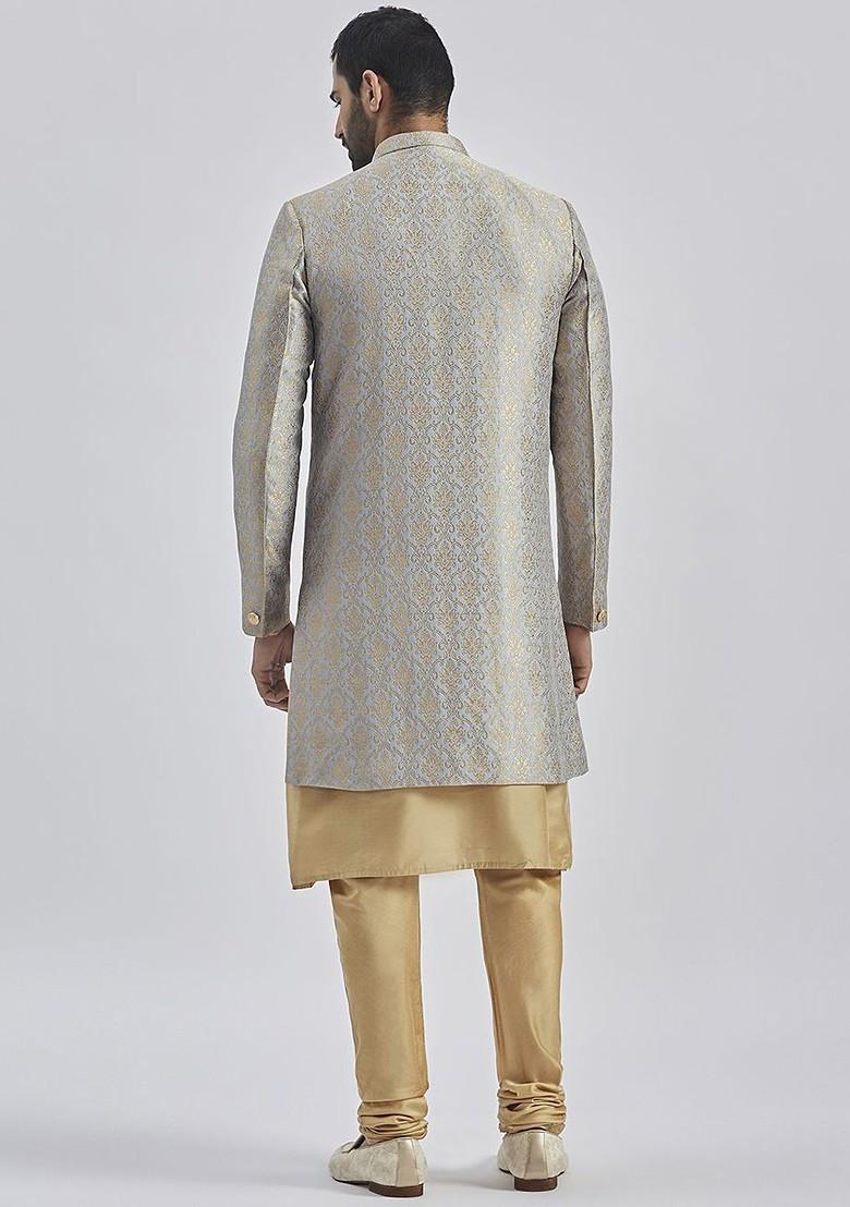 Grey Solid Poly Blend Indowestern Sherwani Set For Men
