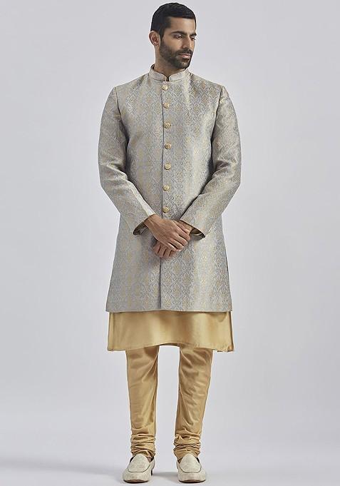 Grey Solid Poly Blend Indowestern Sherwani Set For Men