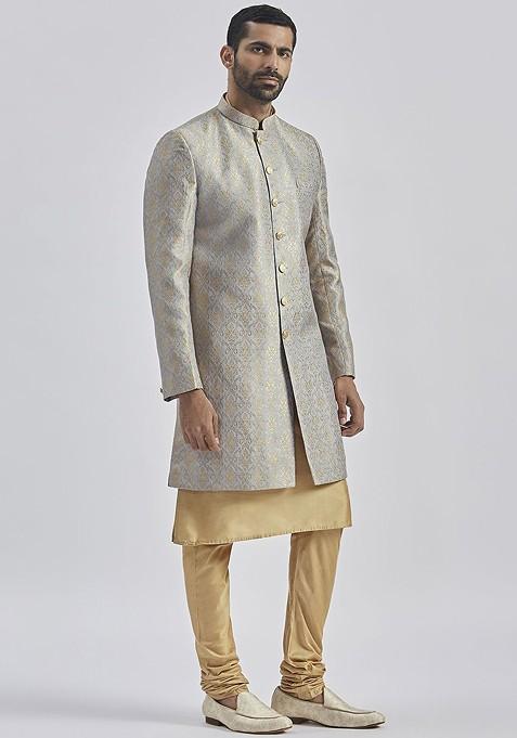 Grey Solid Poly Blend Indowestern Sherwani Set For Men