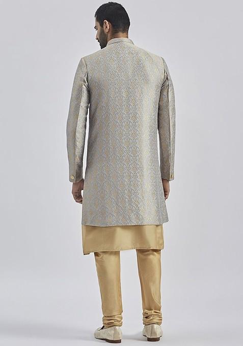 Grey Solid Poly Blend Indowestern Sherwani Set For Men