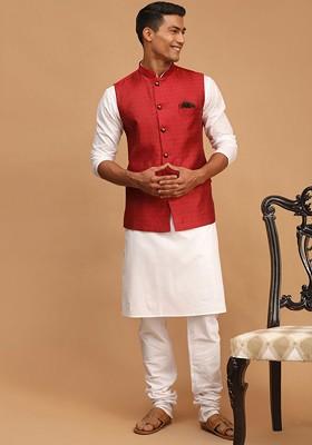 White Printed Poly Blend Kurta Set For Men