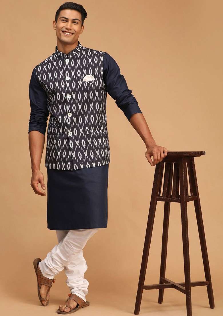 Navy Blue Ikat Print Poly Blend Kurta Set For Men - Indya