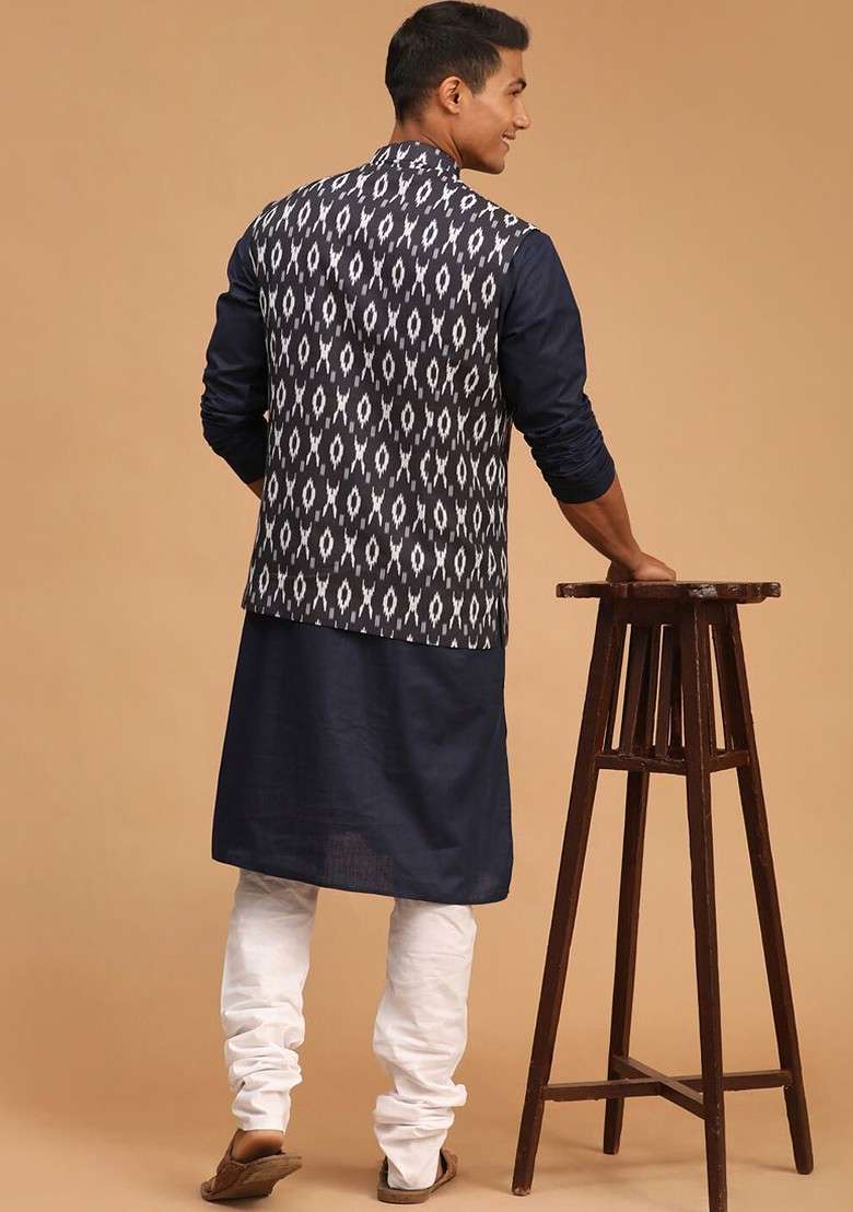 Navy Blue Ikat Print Poly Blend Kurta Set For Men - Indya