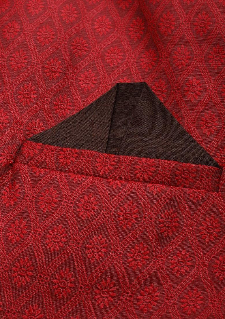 Red Embroidered Poly Blend Indowestern Sherwani Set For Men