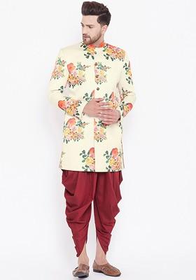 Cream Floral Print Poly Blend Indowestern Sherwani Set For Men