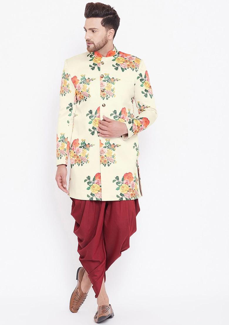Cream Floral Print Poly Blend Indowestern Sherwani Set For Men