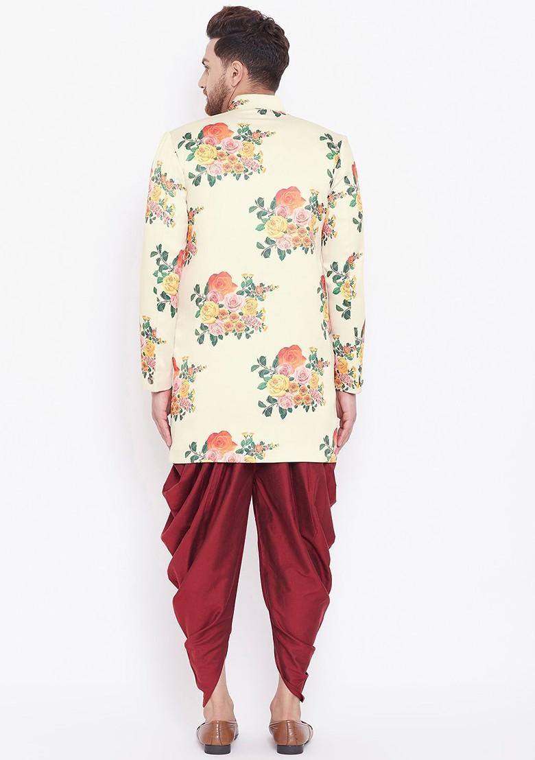 Cream Floral Print Poly Blend Indowestern Sherwani Set For Men