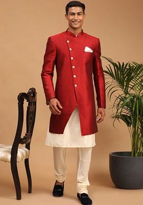Maroon Solid Poly Blend Indowestern Sherwani Set For Men