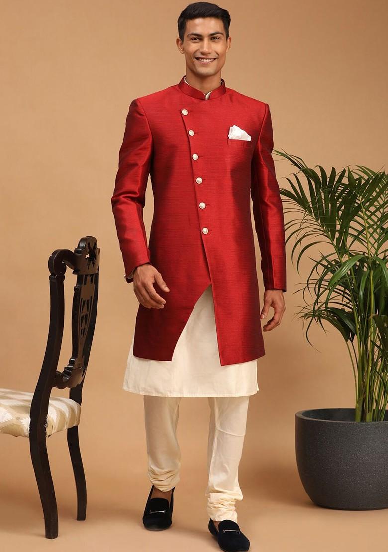 Maroon Solid Poly Blend Indowestern Sherwani Set For Men