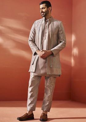 Rose Gold Embroidered Silk Indowestern Sherwani Set For Men