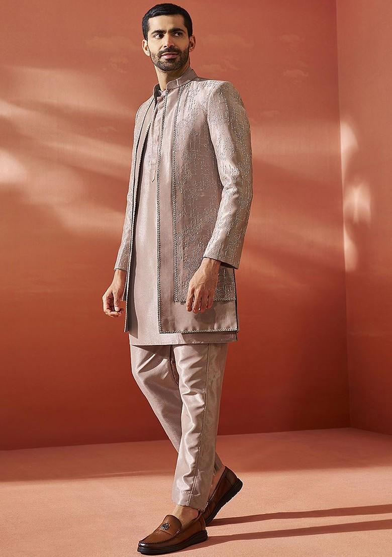Rose Gold Embroidered Silk Indowestern Sherwani Set For Men