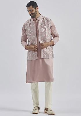 Beige Embroidered Poly Blend Kurta Set For Men