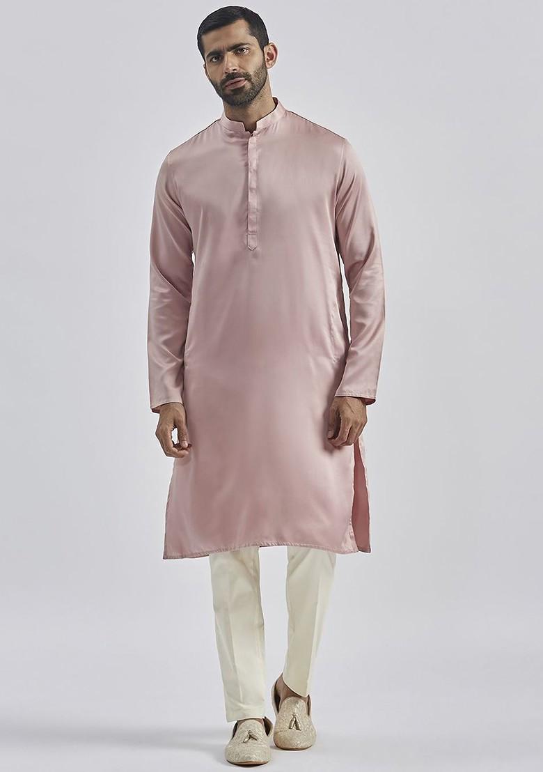 Beige Embroidered Poly Blend Kurta Set For Men