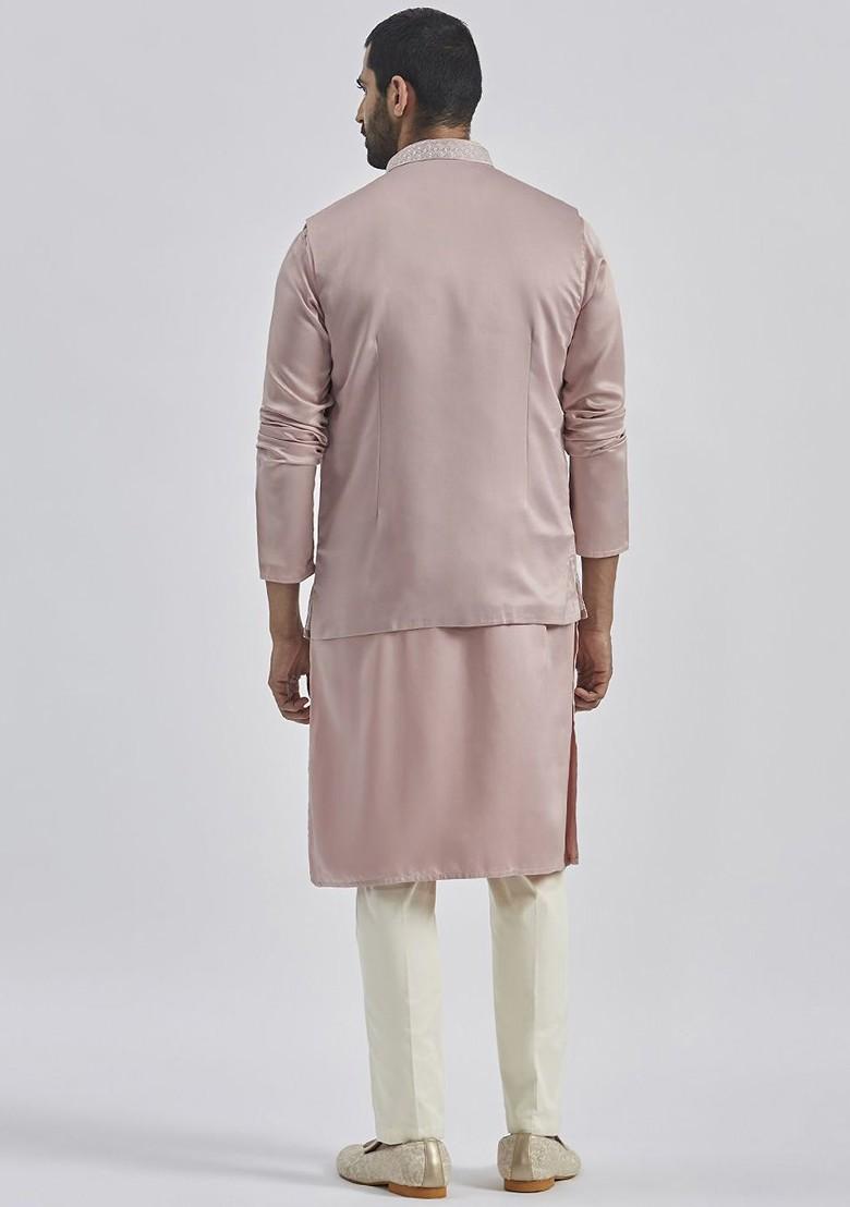 Beige Embroidered Poly Blend Kurta Set For Men