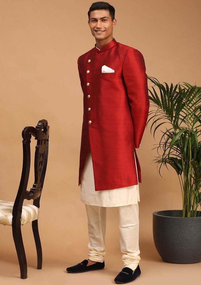 Maroon Solid Poly Blend Indowestern Sherwani Set For Men