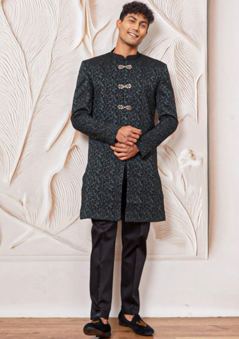 Green Solid Poly Blend Indowestern Sherwani Set For Men