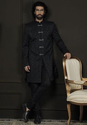 Green Solid Poly Blend Indowestern Sherwani Set For Men