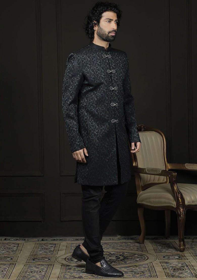 Green Solid Poly Blend Indowestern Sherwani Set For Men