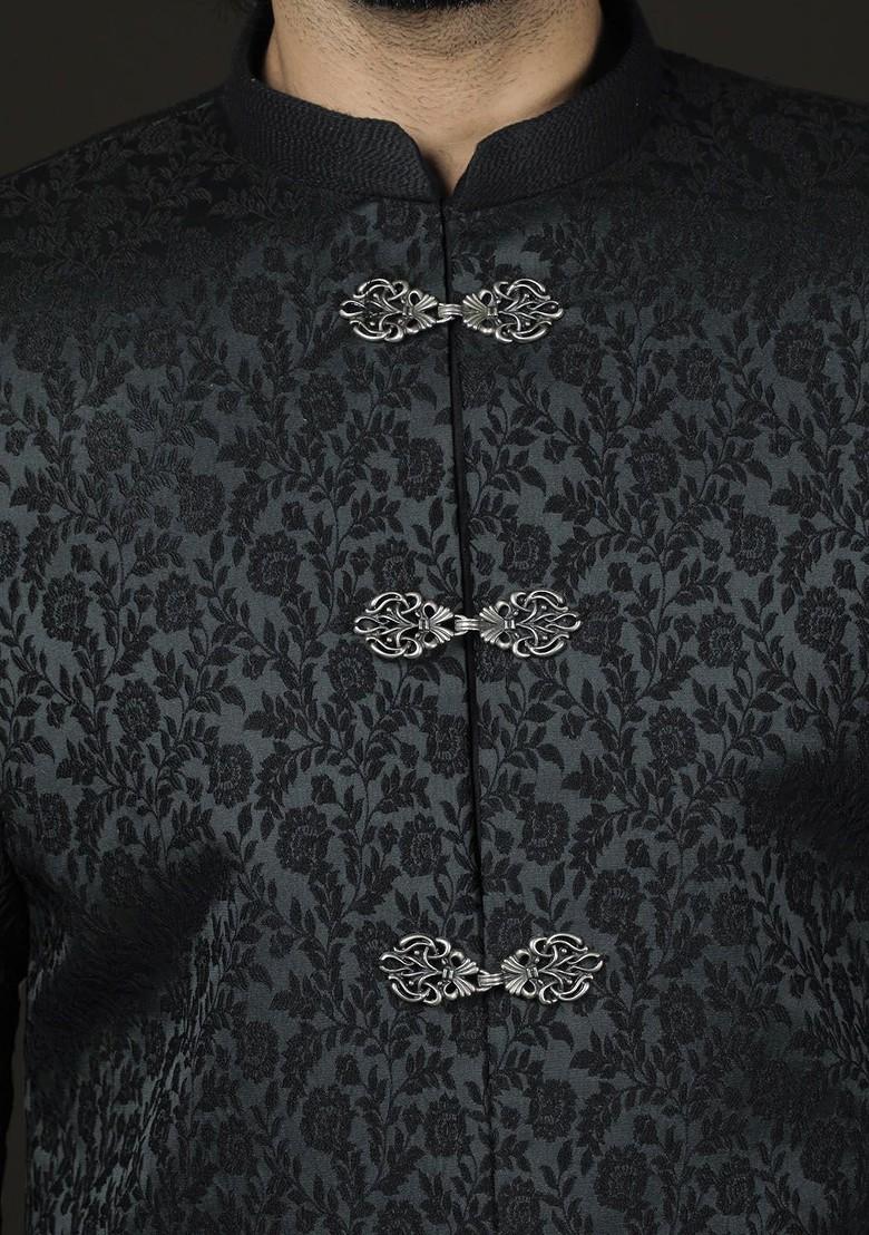 Green Solid Poly Blend Indowestern Sherwani Set For Men