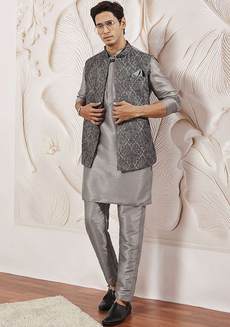 Grey Solid Poly Blend Kurta Set For Men - Indya