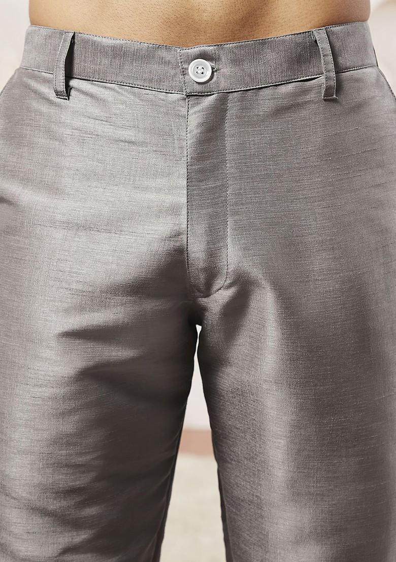 Grey Solid Poly Blend Kurta Set For Men