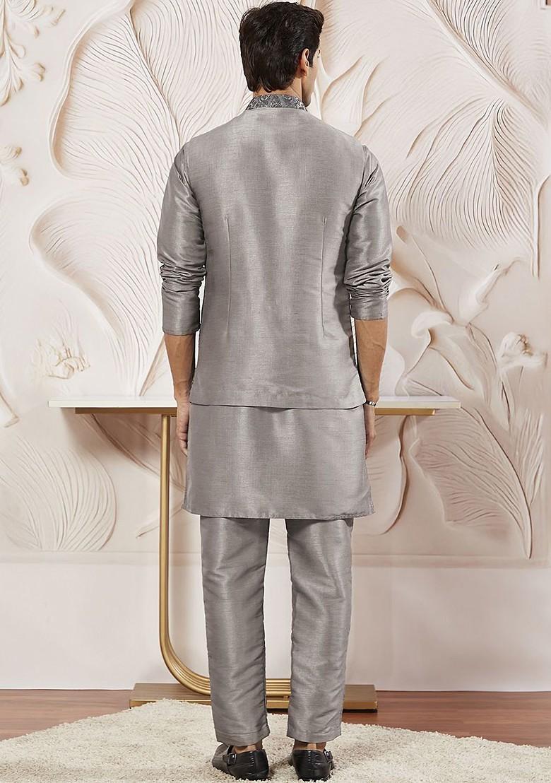 Grey Solid Poly Blend Kurta Set For Men