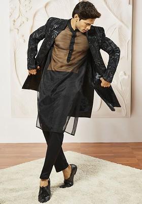 Black Embroidered Poly Blend Indowestern Sherwani Set For Men