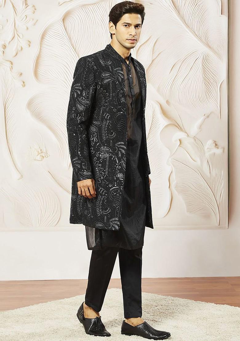 Black Embroidered Poly Blend Indowestern Sherwani Set For Men