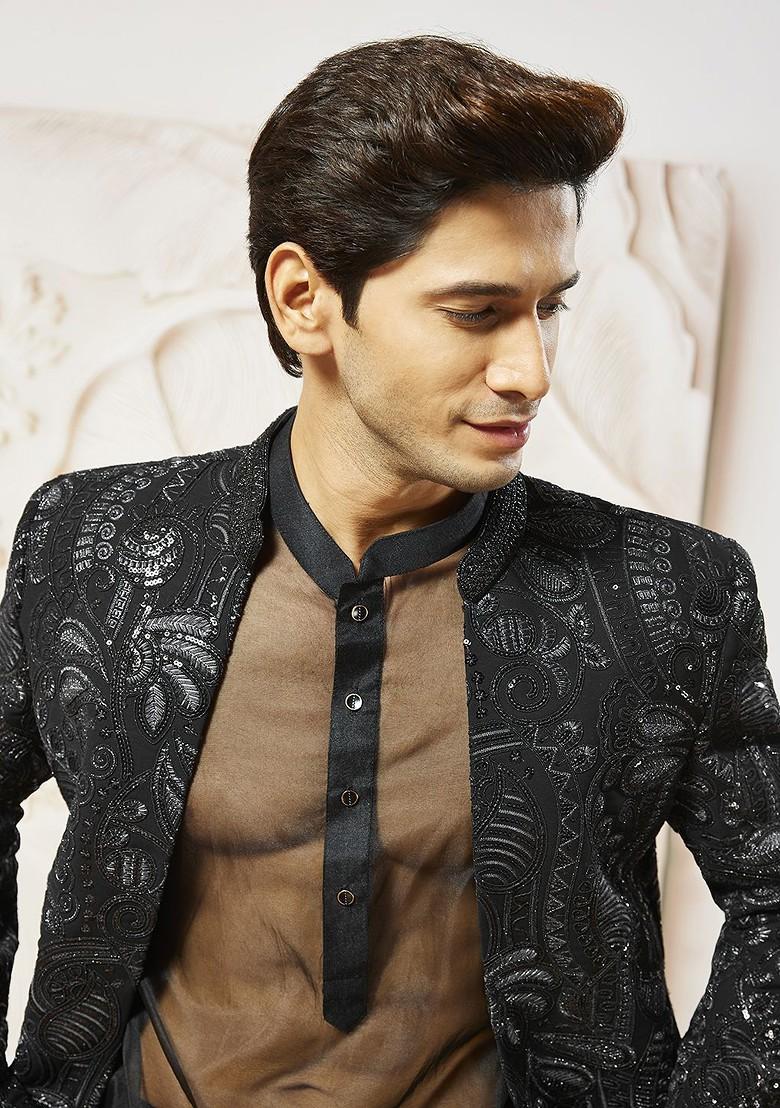 Black Embroidered Poly Blend Indowestern Sherwani Set For Men