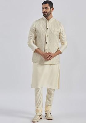 Cream Solid Jacquard Kurta Set For Men