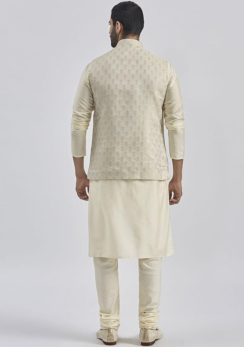 Cream Solid Jacquard Kurta Set For Men