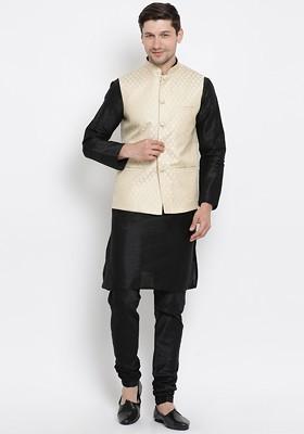 Black Solid Jacquard Kurta Set For Men
