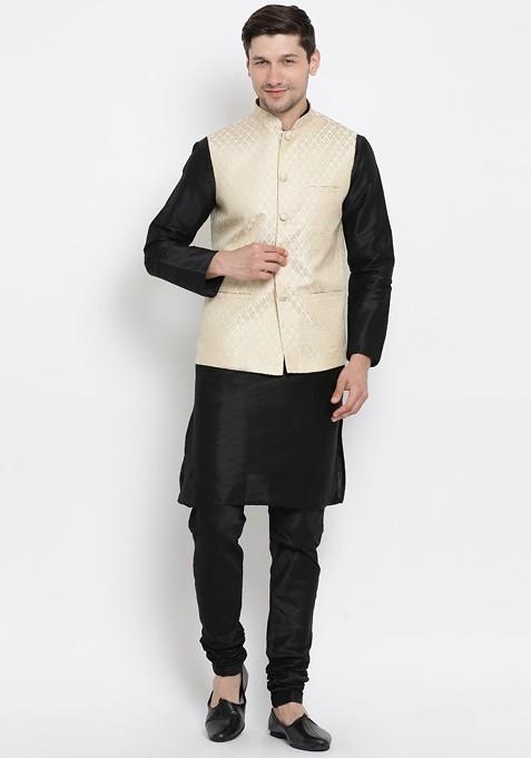 Black Solid Jacquard Kurta Set For Men — view on Indya
