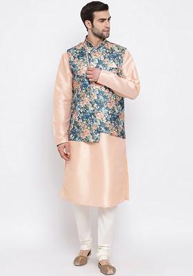 Peach Solid Silk Kurta Set For Men
