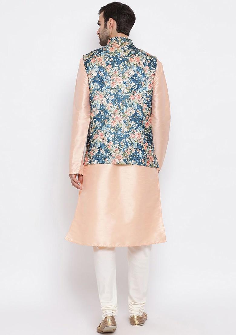 Peach Solid Silk Kurta Set For Men