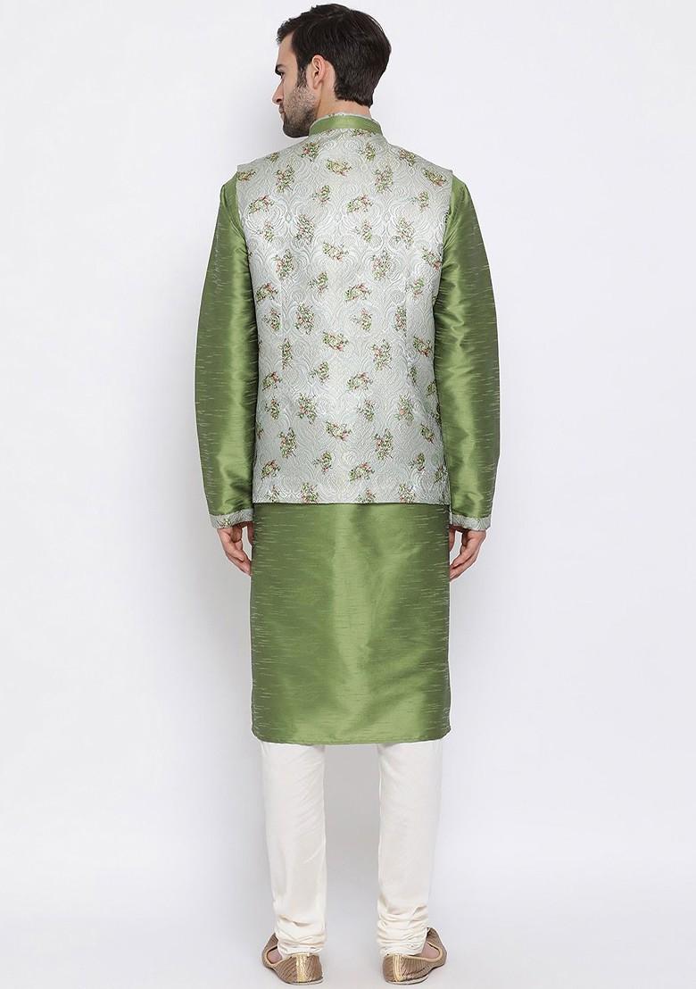 Green Solid Poly Blend Kurta Set For Men