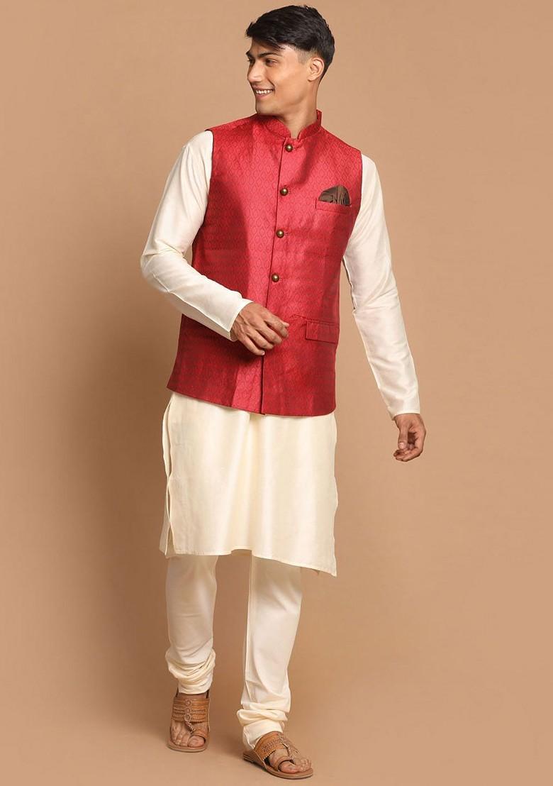 Cream Solid Poly Blend Kurta Set For Men