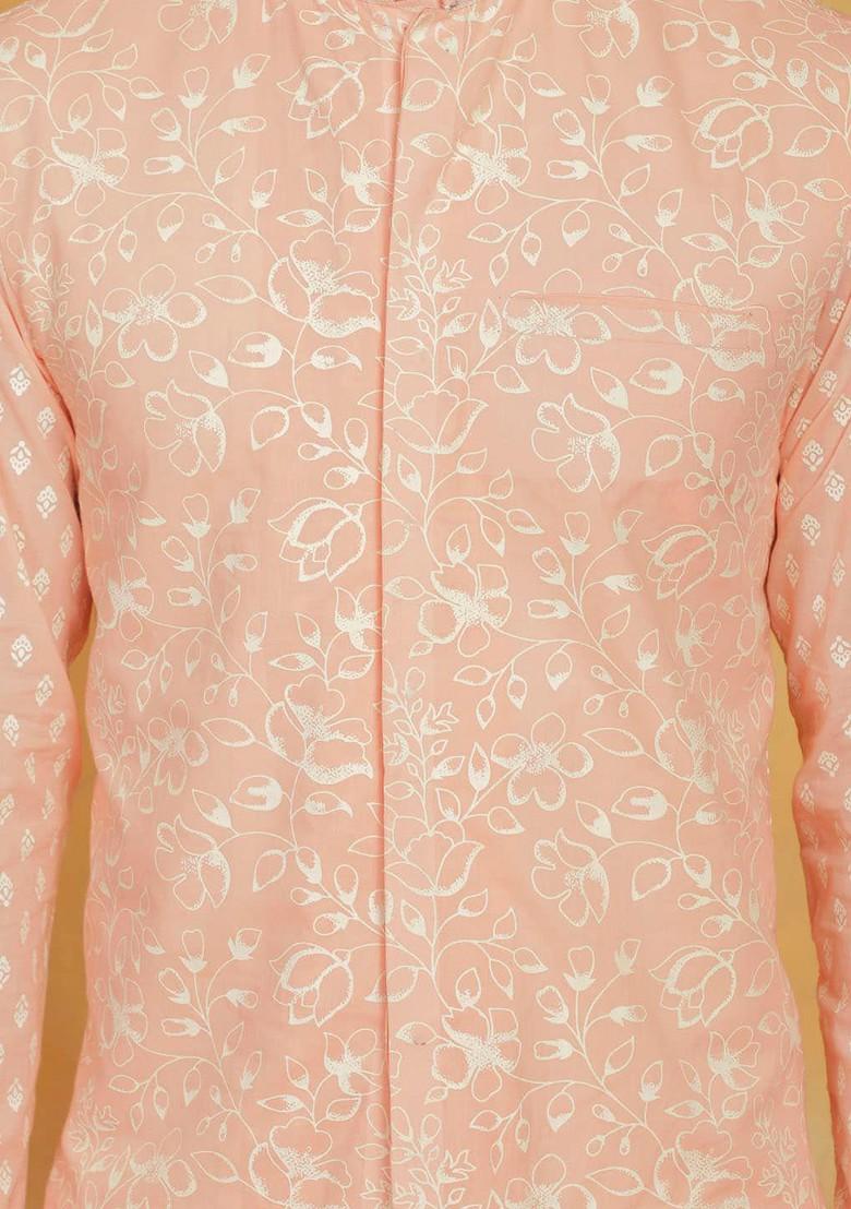 Peach Floral Print Poly Blend Kurta Set For Men