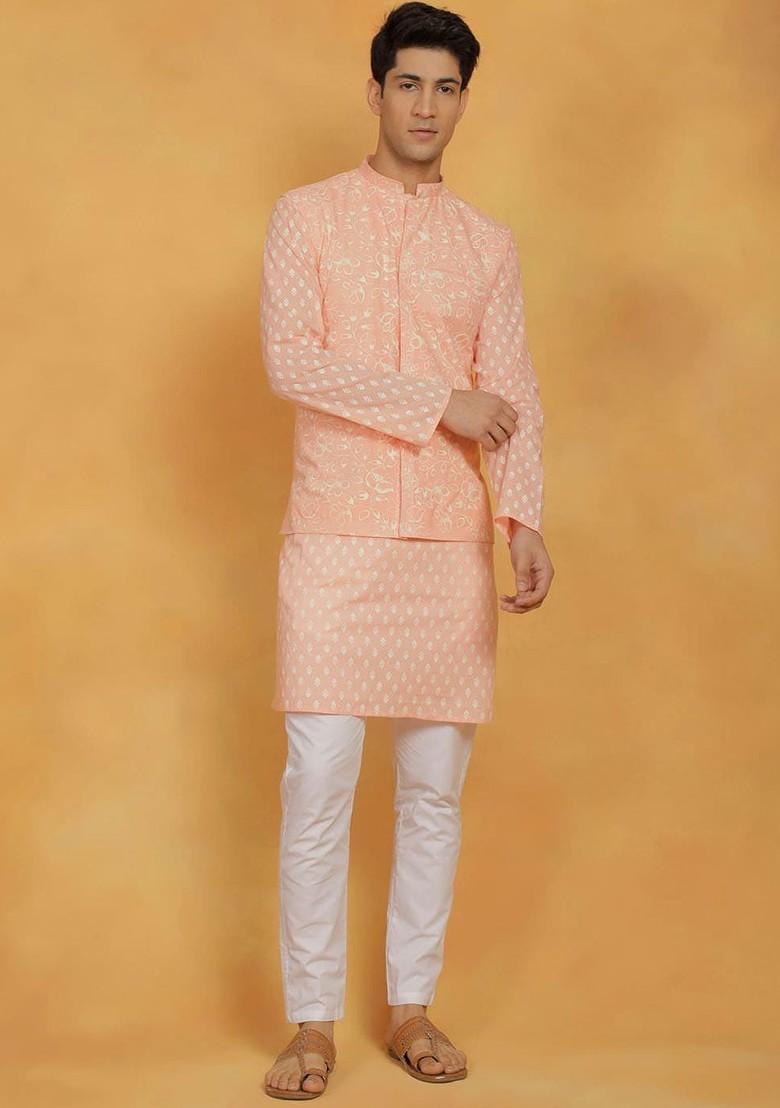 Peach Floral Print Poly Blend Kurta Set For Men