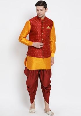 Mustard Solid Poly Blend Kurta Set For Men