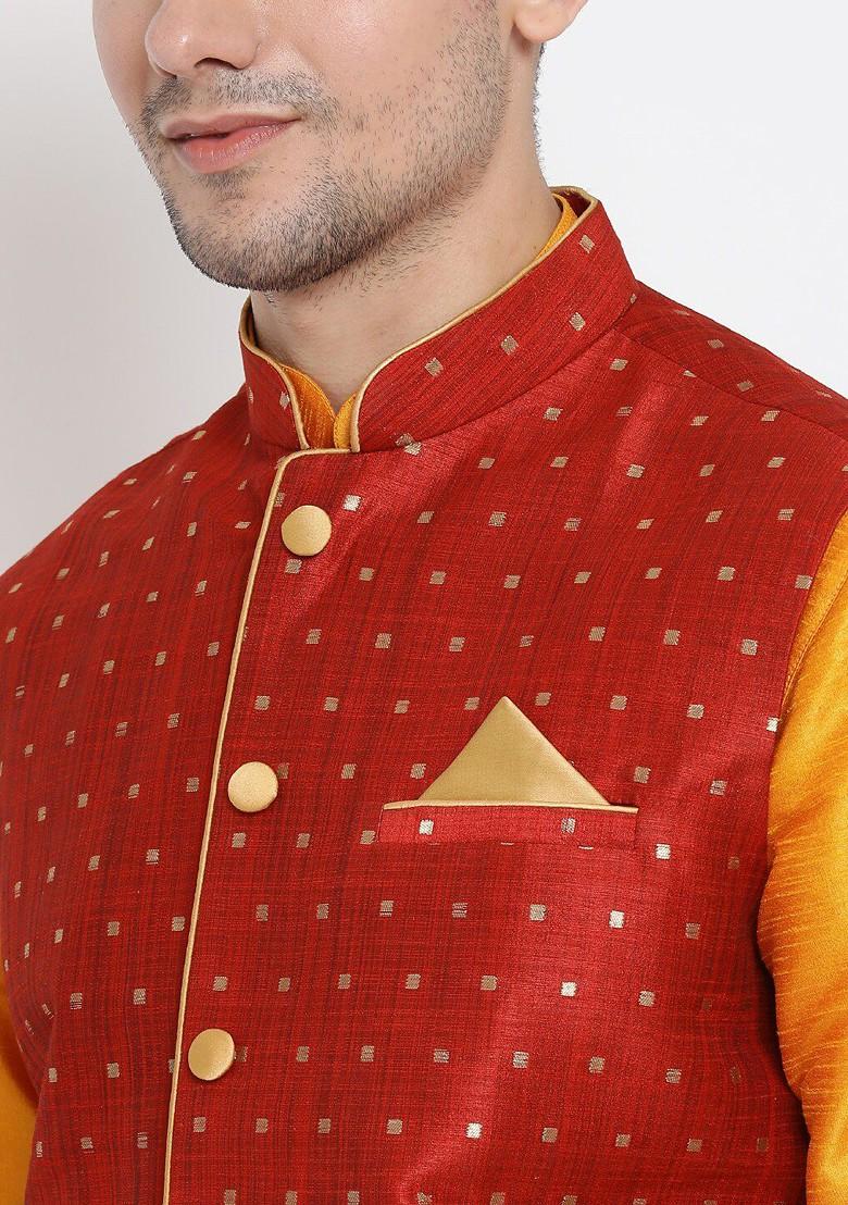 Mustard Solid Poly Blend Kurta Set For Men