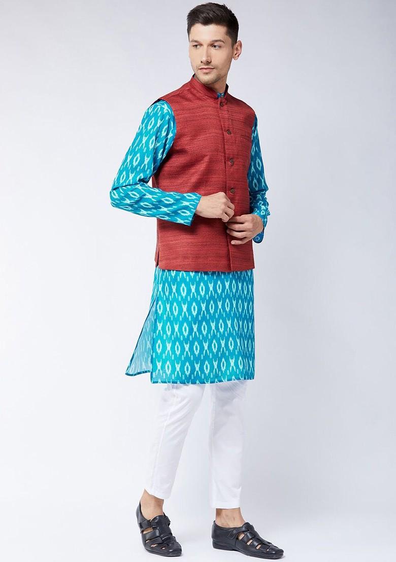 Turquoise Blue Abstract Print Poly Blend Kurta Set For Men