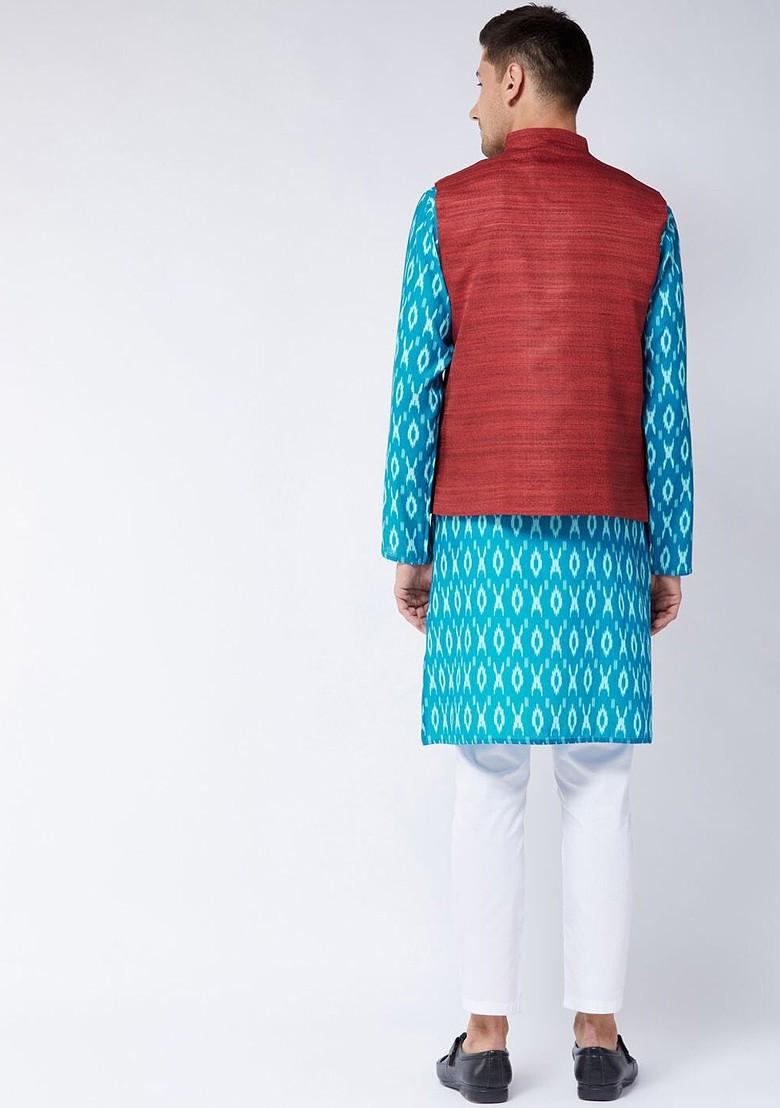 Turquoise Blue Abstract Print Poly Blend Kurta Set For Men