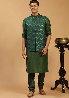 Green Embroidered Poly Blend Kurta Set For Men