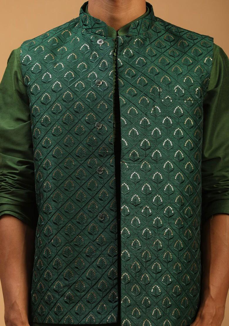 Green Embroidered Poly Blend Kurta Set For Men