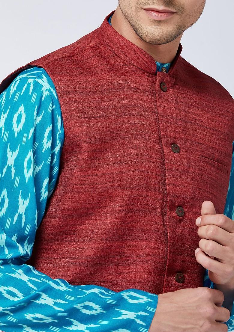 Turquoise Blue Abstract Print Poly Blend Kurta Set For Men