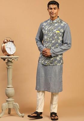 Grey Striped Poly Blend Kurta Set For Men
