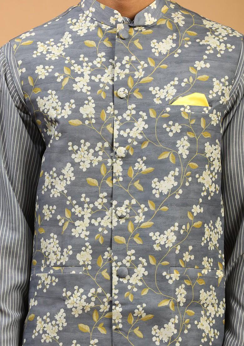 Grey Striped Poly Blend Kurta Set For Men