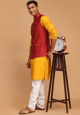 Mustard Solid Poly Blend Kurta Set For Men